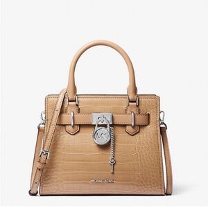 Michael Kors Tan Crocodile-Embossed Hamilton Small Satchel Crossbody Camel